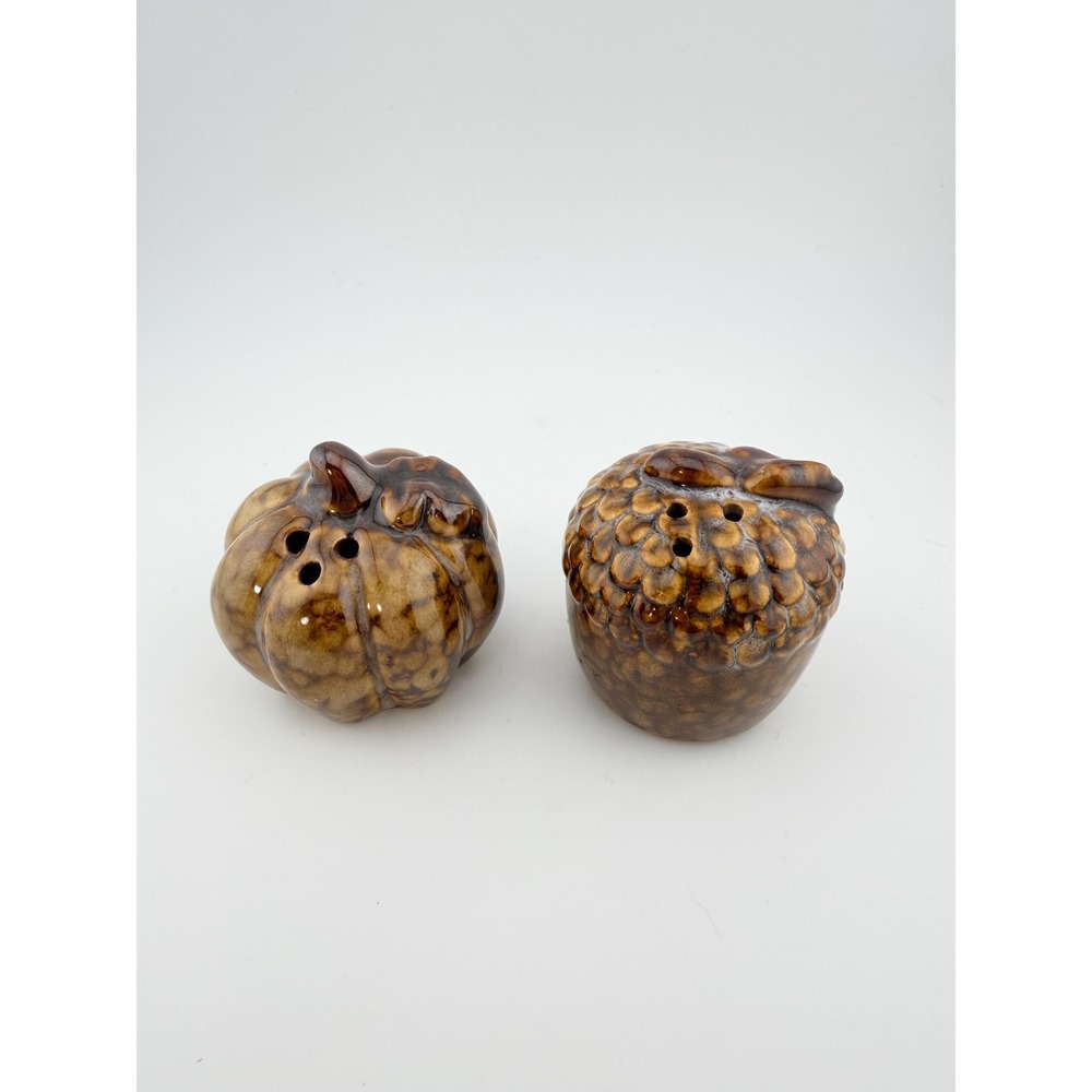Vintage Ceramic Pumpkin Acorn Salt and Pepper Shakers Mottled Brown Glaze MCM